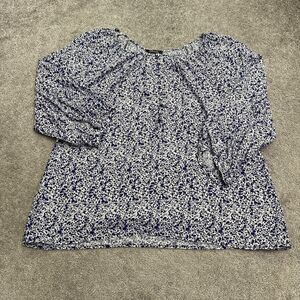 Soiree Ditsy Floral Peasant Blouse 3/4 Sleeve Button Neck Top Women L Blue White